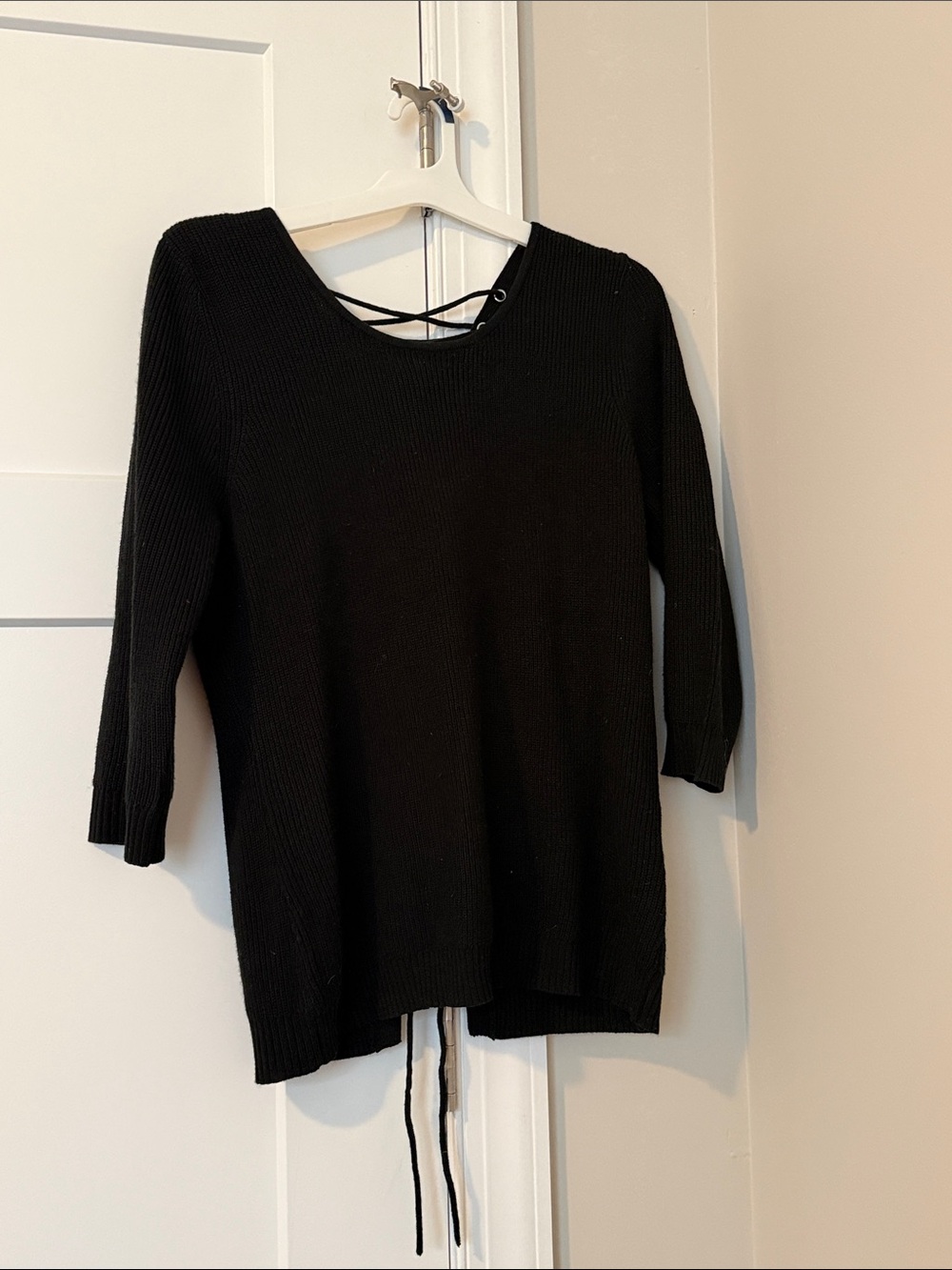 New York & Company Black Scoop Neck Knit Sweater with Back Tie